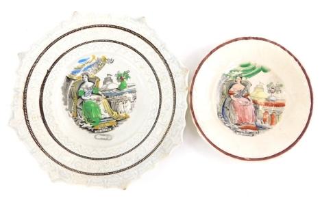 Various 19thC child's pottery plates, printed with Queen Victoria.