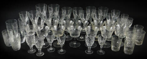 Various decorative and other drinking glasses, some etched examples, champagne style saucers, 12cm high, etc. (a quantity)