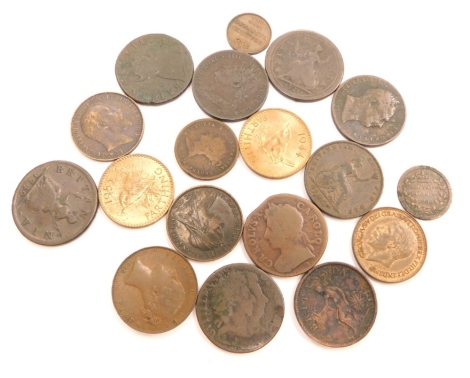 Various coins, farthings, etc., to include Charles II 1673, William and Mary 1691, William III 1699, various other William IV, George III, Edward VII, Elizabeth II and George VI with original patina, George V with traces of patina, half farthing 1844, 1/3