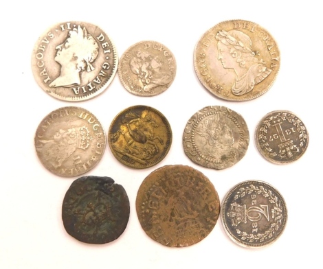Various early silver and other maundy money, etc., Elizabeth I penny, Charles II two penny, James II three penny 1686, George IV two penny 1826, James I and others, a small model money half sovereign, Charles I rose farthing, etc. (a quantity)