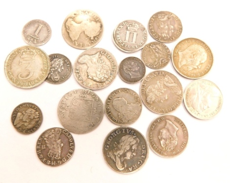 Various early silver maundy money, etc., to include William and Mary penny 1694, Charles II penny 1672, Charles II two penny, George III 2d, Charles II 3d, George I 3d, William IV 3d 1834, Edward VII and other George III, Queen Anne 3d 1706, William and M
