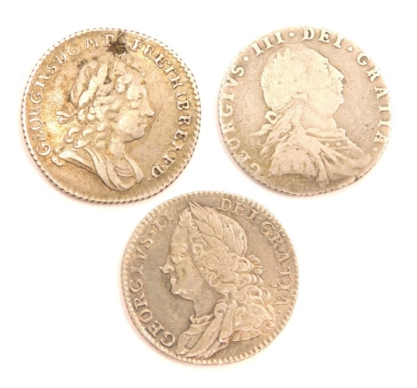 Three various sixpence's, George I 1723, George II 1757 and George III 1787. (3)