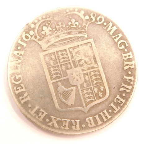 A William and Mary half crown coin, second shield type 1689.