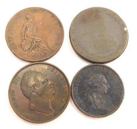A William IV penny 1831, and a small quantity of others, George III cartwheel penny 1797, penny 1799 and a George IV penny 1826. (4)
