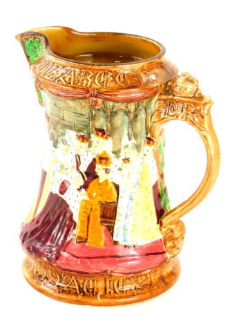 A Burleighware Coronation of Her Majesty Queen Elizabeth II Westminster Abbey jug, of shaped form, raised and transfer printed with various scenes, with a crown capped handle, printed marks beneath, 22cm high.