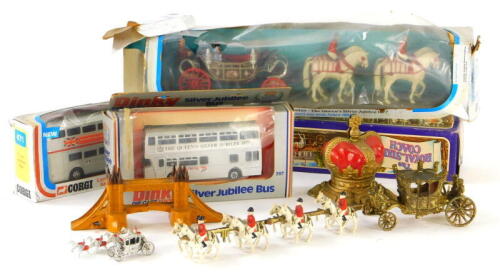 Games, bygones and effects, Corgi London Transport Silver Jubilee bus, boxed, 6cm high, another, Coronation coach, Coronation crown metal money box, etc., (a quantity).