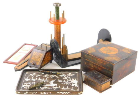 Various bygones, collectables, and effects, a book slide with arched ends, decorative sword wall plaque, 35cm high, a quantity of poker work style boxes, etc., (a quantity).