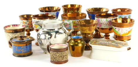 Various 19thC pottery and effects, Worcester goblets, 15cm wide, (AF), various copper lustre goblets, 19thC and other, Staffordshire, etc., silver lustre, pearlware jug, etc., (a quantity).