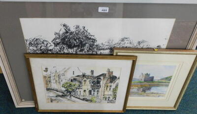 Various pictures, to include after Trenton, street scene, mixed media, signed, 27cm x 33cm, after Nick Gordon, sunrise over Duart Castle, photographic print, 32cm x 52cm, glazed and framed, etc.