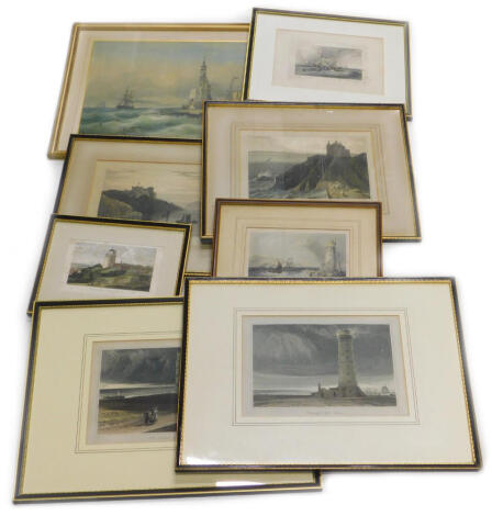 A collection of 19thC and later maritime prints, some relating to lighthouses, to include Dungeness, Lowestoft, Southwold and North Foreland, a print Dunsky Castle, another Culzean Castle, etc.