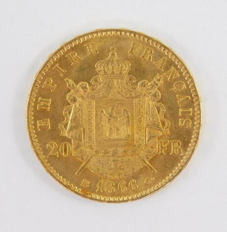 A French Napoleon III gold twenty francs coin 1866, 6.4g.