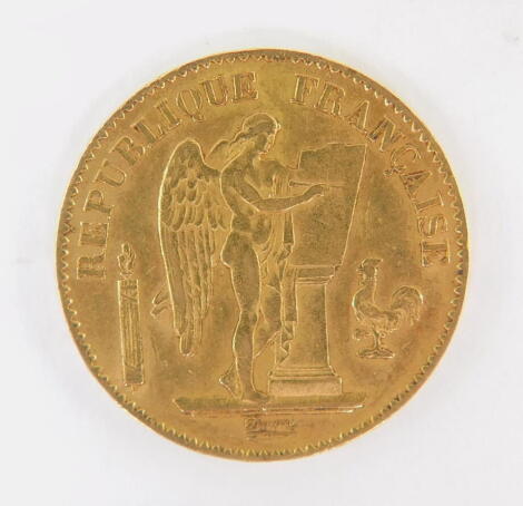 A French gold twenty francs coin 1876, 6.4g.