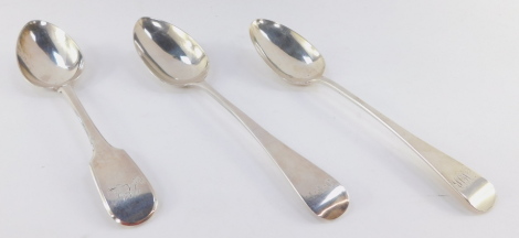 A William IV silver tablespoon, Old English pattern, with plain bowl, initialled, Benjamin Stephens, London 1836, 21cm wide, together with another London 1836, and a further George IV silver tablespoon, fiddle pattern, London 1831, 7oz (3)