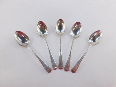 A matched set of ten 19thC silver teaspoons, bright cut, Old English pattern, initialled, with plain bowls, Exeter 1830 and other assays, 5oz. - 5