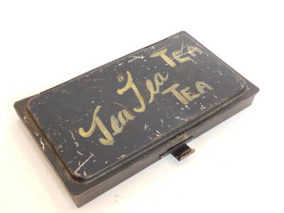 A late 19thC toleware artist's paint box, the hinged lid later written 'Tea' four times, enclosing twenty contemporary ceramic pots for paint etc., 25cm x 14cm. - 2