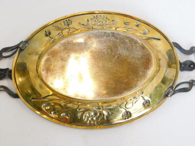 A continental Art Nouveau brass and pewter two handled dish, embossed and cast with lilies and tulips in the manner of WMF, 42cm wide. - 3