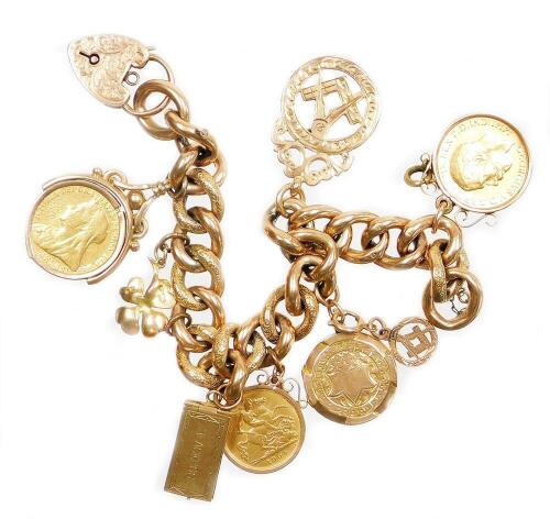 A 9ct gold charm bracelet, with various charms including a George V full gold sovereign dated 1912 in a 9ct gold pendant mount, a Victorian full gold sovereign dated 1899 in a 9ct gold pendant mount, an Edward VII half gold sovereign dated 1904 in 9ct pen