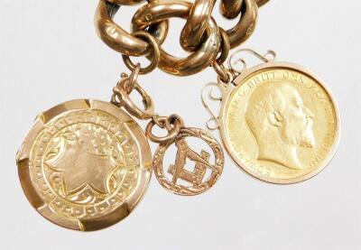 A 9ct gold charm bracelet, with various charms including a George V full gold sovereign dated 1912 in a 9ct gold pendant mount, a Victorian full gold sovereign dated 1899 in a 9ct gold pendant mount, an Edward VII half gold sovereign dated 1904 in 9ct pen - 4