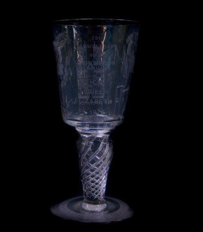 A Minton cut glass goblet, the bowl engraved with thistle, roses and Westminster Abbey, commemorating the 20th Anniversary of The Coronation of HM Queen Elizabeth II 1978., raised on a spiral twist stem, cased, 17.5cm high.