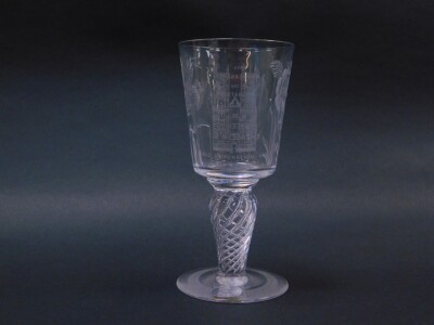 A Minton cut glass goblet, the bowl engraved with thistle, roses and Westminster Abbey, commemorating the 20th Anniversary of The Coronation of HM Queen Elizabeth II 1978., raised on a spiral twist stem, cased, 17.5cm high. - 2