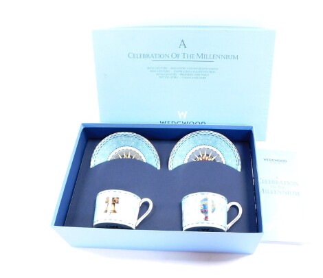 A Wedgwood porcelain double cup and saucer set, A Celebration Of The Millennium, boxed with certificate.