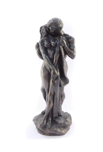 A Heredities bronzed plaster figure of A Study of Love, by R Cameron, showing a pair of standing naked figures in embrace, bears paper label, 35.5cm high.