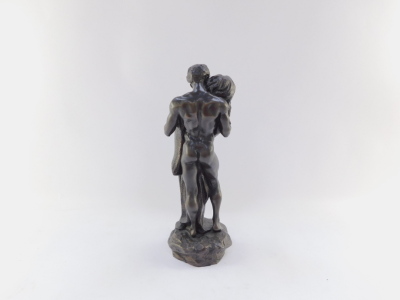 A Heredities bronzed plaster figure of A Study of Love, by R Cameron, showing a pair of standing naked figures in embrace, bears paper label, 35.5cm high. - 2