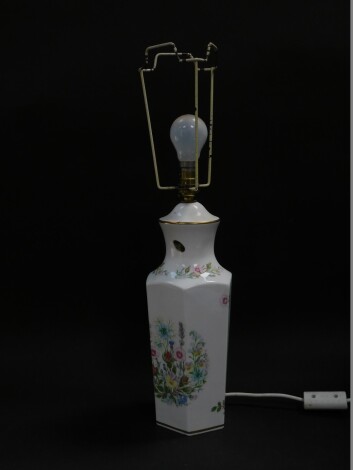 An Aynsley porcelain table lamp decorated in the Wild Tudor pattern, of hexagonal form, 39.5cm high.