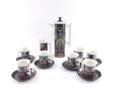 A Portmeirion pottery part coffee service, decorated in the Magic City pattern, designed by Susan Williams-Ellis, comprising coffee pot, cream jug, sugar bowl, six cups and saucers.