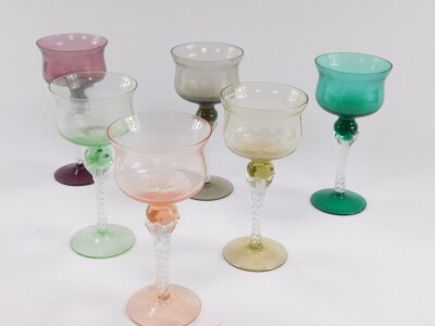 A harlequin set of mid century coloured wine glasses, raised on spiral twist stems. (6) - 2