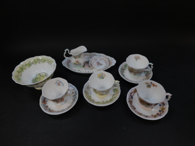 A set of four Royal Doulton Brambly Hedge Four Seasons tea cups and saucers, together with a cream jug, sugar bowl, spoon dish and an oval dish. (12) - 2