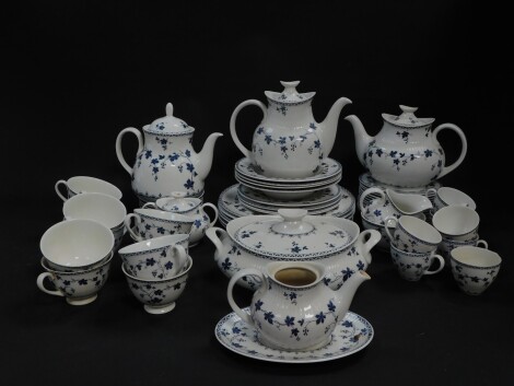 A Royal Doulton porcelain part dinner tea and coffee service, decorated in the York Town pattern, some seconds, including an oval tureen and cover, dinner plates, tea and coffee pots, cream jug, sucrier, sugar bowl, cups and saucers, etc.(a quantity)