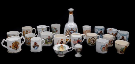 Edward VII and later royal commemorative ceramics, including a pair of beakers commemorating the Coronation of HM King George V 1911, Presented by The Mayor & Mayoress of Wisbech, Made for Collins China Stores, Wisbech., Aynsley porcelain mugs and a lovin