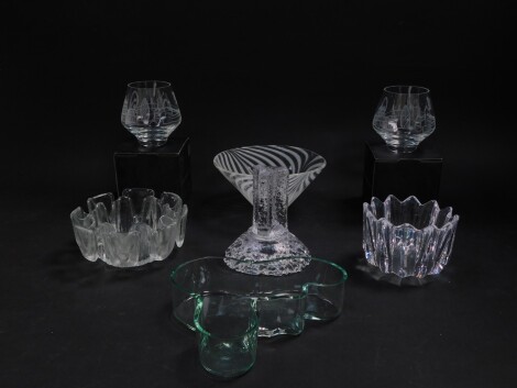 A pair of Dartington glass London 2012 Olympic glass votives, boxed, together with Orrefors, Alvar Alto, and other cut glass bowls and candle holders. (7)