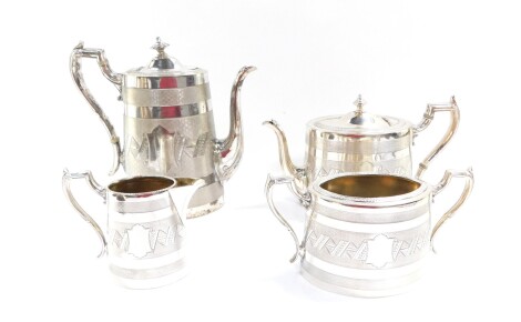 A Victorian EPBM silver plated four piece tea and coffee set by James Dixon & Sons, with engraved banded decoration, shield reserve, no 12072, comprising teapot, coffee pot, cream jug and sugar bowl.