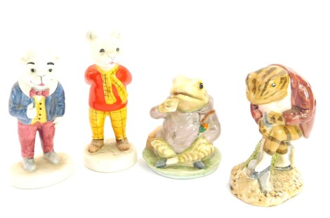 Two Beswick Rupert & His Friends figures, For Express Newspapers, comprising Rupert The Bear and Algy Pug., together with a Royal Albert Beatrix Potter figure modelled as Jeremy Fisher, and a Beswick figure modelled as Mr Jeremy Fisher Digging, later back