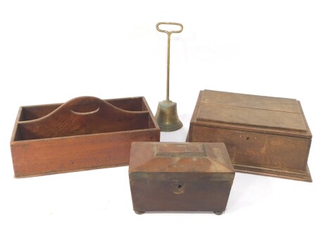 A 19thC two sectional cutlery box, of rectangular form with central moulded and pierced handle, a 19thC sarcophagus shaped tea caddy, etc. (a quantity, AF)