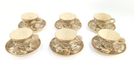 A 19thC Japanese Satsuma tea service, comprising six cups and saucers, each profusely decorated with flowers and birds, predominately in blue, black, orange and green, on a gilt and cream ground, gilt eight character mark beneath, each saucer 14cm diamete