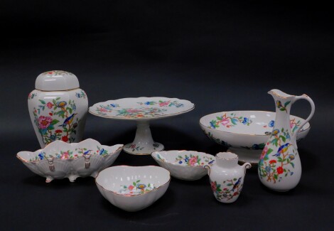 A group of Aynsley Pembroke pattern china, printed marks, including a lidded jar, 23cm high, footed comport, heart shaped dish, ewer, pin dish, etc., (a quantity)