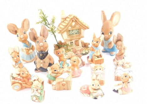 Pendelfin rabbits, groups, ornaments, etc., to include Father rabbit 21cm high, Mother rabbit, twins, cobble cottage, Uncle Soames (AF), various others, etc. (a quantity)