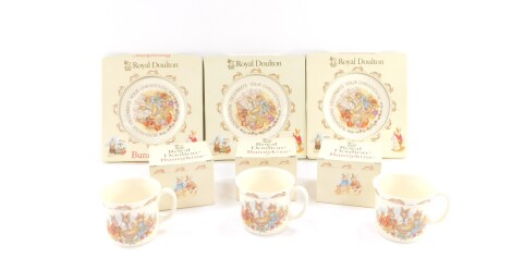 Royal Doulton Bunnykins pottery, comprising three Christening plates and three Christening mugs, all boxed (6)