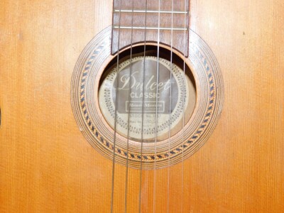 A Dulcet Classic Rose-Morris acoustic guitar, stock no 3057, with shaped case, articulated tuning knops and six strings, with interior label, 106cm high, and an Angelica guitar, model 2850, 93cm high (2) - 4