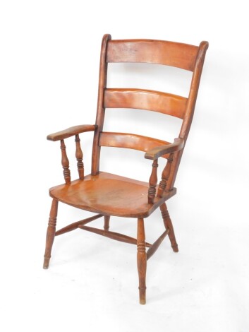 A late 19thC/early 20thC ash and elm ladder back grandfather chair, with curved horizontal splats, shaped arms, balaster supports, shaped seat and ring turned front legs, joined by an H stretcher, 107cm high.