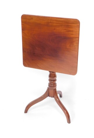 A 19thC mahogany tilt top occasional table, the oblong top raised on a baluster stem terminating in triple sabre legs, 71cm high, 57cm wide, 49cm deep,