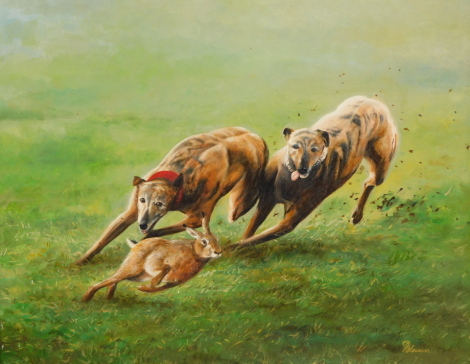 G Blowman (British, 20thC). A pair of hounds chasing a hare, oil on board, signed, 39cm high, 49cm wide.