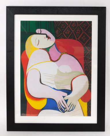 After Pablo Picasso (Spanish, 1881-1973). Portrait of a woman sitting in a chair, print, 70.50cm high, 53cm wide.