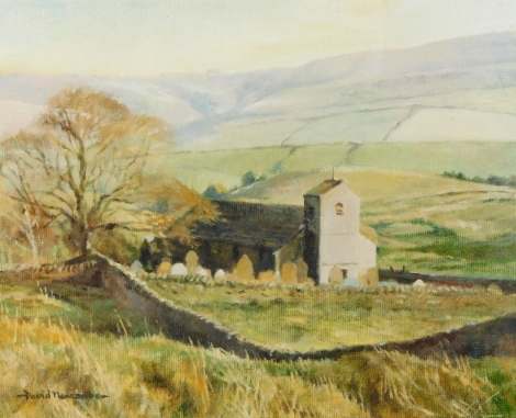 David Newcombe (British, 20th/21stC). Macclesfield Forest Chapel, oil on canvas, signed, 19cm high, 24cm wide.