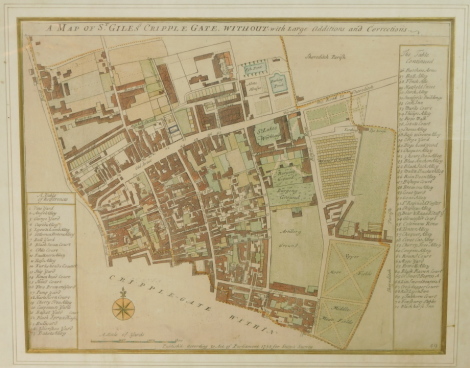 A map of St Giles's Cripplegate Without, with large additions and corrections, coloured engraving, published for Stow's Survey 1755, 28cm high, 35cm wide.