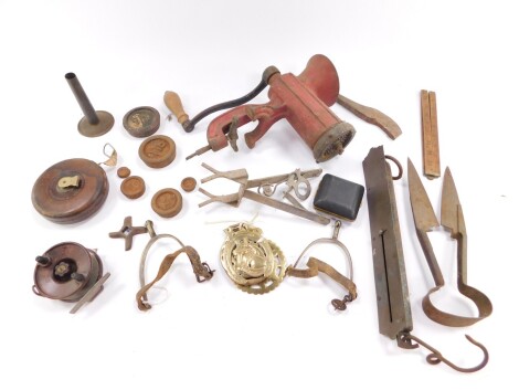 Vintage bygones and collectables, to include an early 20thC leathered cased John Rabone tape measure, 12cm diameter, Salters Improved spring balance scale, mincer, Bakelite fishing reel, sheep shears, horse brasses, etc. (a quantity)