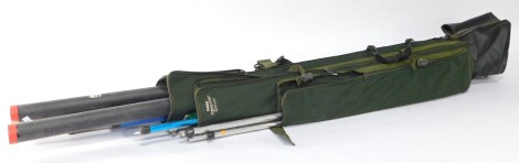 Fishing rods, to include a carbon quiver John Wilson heavy feeder, 11ft 6", in sections, and outer case, a Match Revenger 390 three piece carbon rod, John Wilson Avonsquiver 11ft sectional carbon rod, marked Ryobi Masterline, contained in a canvas carry c